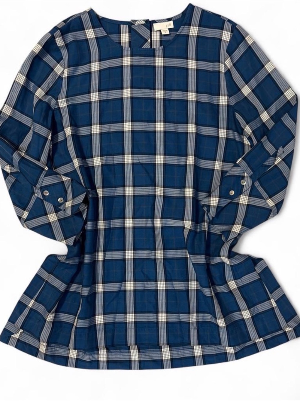 J. Jill Navy and White Plaid Roll-Sleeve Blouse or Dress
